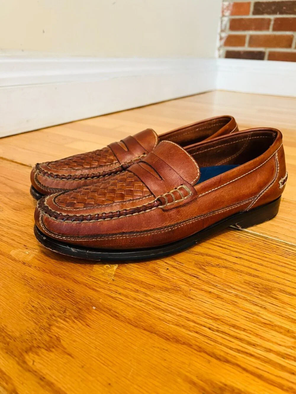 Bostonian Stadium Penny Loafers in brown leather, featuring a woven basket weave